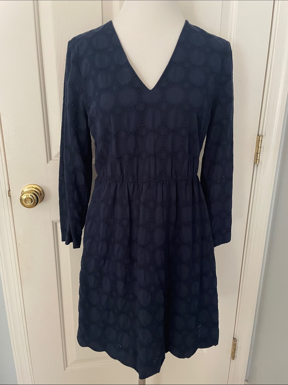 J Crew Long Sleeve V-Neck Navy Eyelet Dress